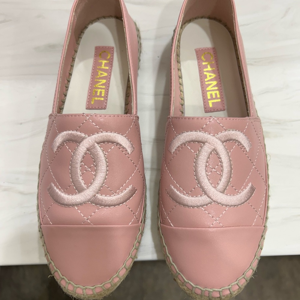 Chanel Pink Espadrille Flats with Iconic CC Logo